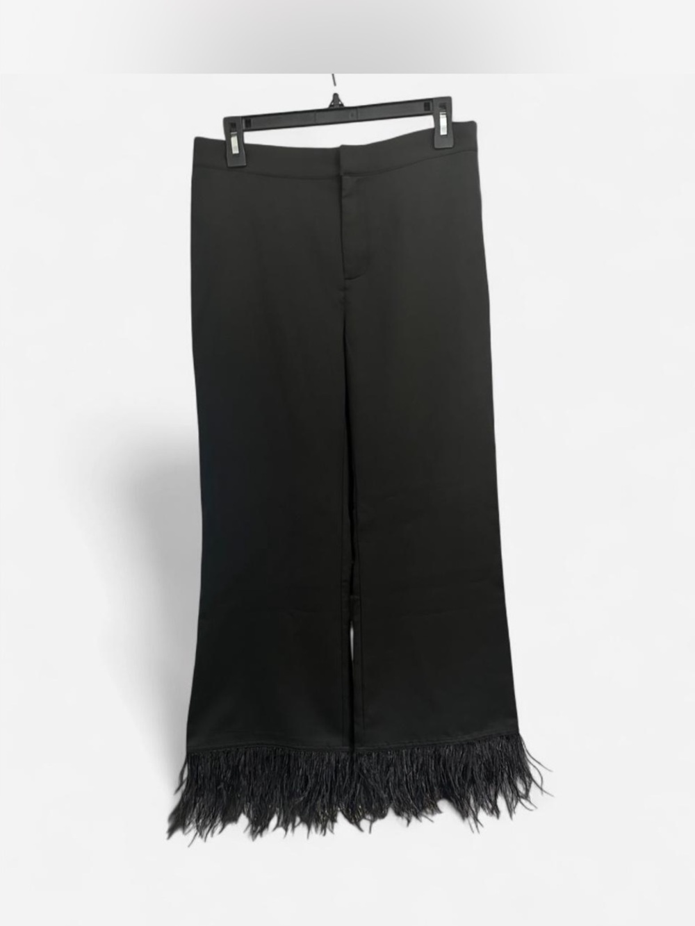 Wide-Leg Black Feather Trim Pants